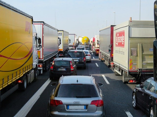 Lorries in a traffic jam